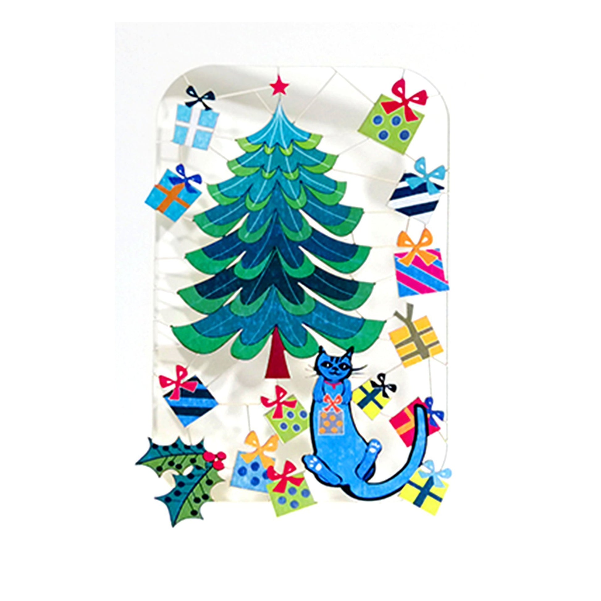 Grußkarte "Weihnachtsbaum, Geschenke und Katze" (Laser cut) - Vandeley